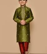 Green embroidered art silk boys-kurta-pyjama