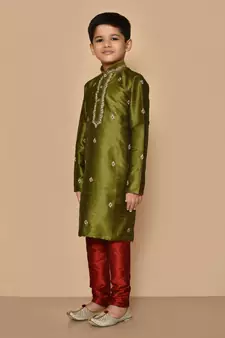 Green embroidered art silk boys-kurta-pyjama