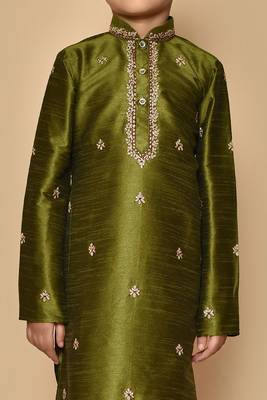 Green embroidered art silk boys-kurta-pyjama 3