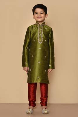 Green embroidered art silk boys-kurta-pyjama 4