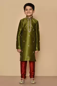 Green embroidered art silk boys-kurta-pyjama