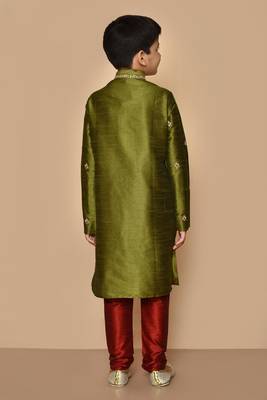 Green embroidered art silk boys-kurta-pyjama 5