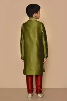 Green embroidered art silk boys-kurta-pyjama