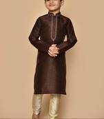 Brown embroidered art silk boys-kurta-pyjama