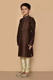 Brown embroidered art silk boys-kurta-pyjama