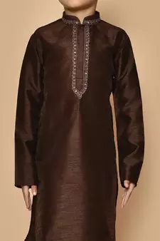 Brown embroidered art silk boys-kurta-pyjama