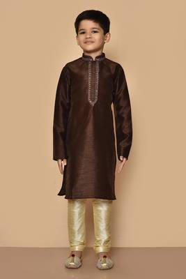 Brown embroidered art silk boys-kurta-pyjama 5