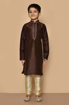 Brown embroidered art silk boys-kurta-pyjama
