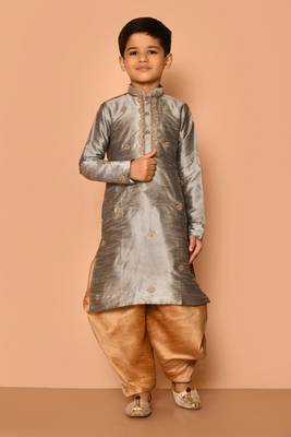 Grey embroidered art silk boys-dhoti-kurta 1