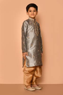 Grey embroidered art silk boys-dhoti-kurta 2