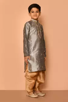 Grey embroidered art silk boys-dhoti-kurta