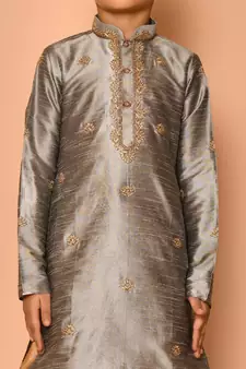 Grey embroidered art silk boys-dhoti-kurta