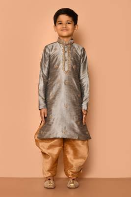 Grey embroidered art silk boys-dhoti-kurta 4