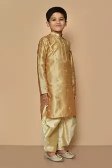 Fawn embroidered art silk boys-dhoti-kurta
