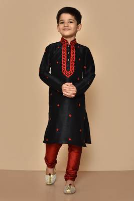 Black embroidered art silk boys-kurta-pyjama 1