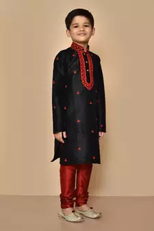 Black embroidered art silk boys-kurta-pyjama