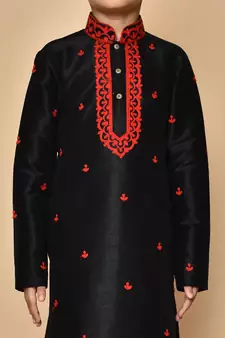 Black embroidered art silk boys-kurta-pyjama
