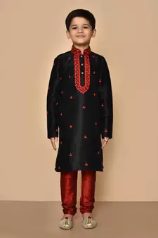 Black embroidered art silk boys-kurta-pyjama