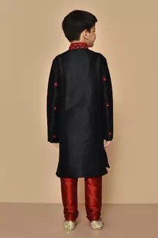 Black embroidered art silk boys-kurta-pyjama