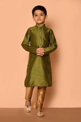 Green embroidered art silk boys-kurta-pyjama 1