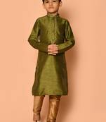 Green embroidered art silk boys-kurta-pyjama