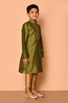 Green embroidered art silk boys-kurta-pyjama 2