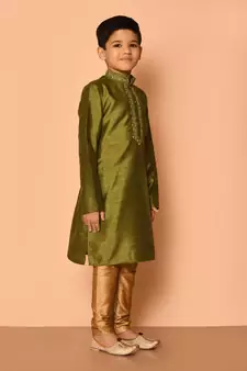 Green embroidered art silk boys-kurta-pyjama