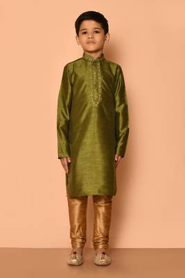 Green embroidered art silk boys-kurta-pyjama 3