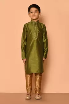 Green embroidered art silk boys-kurta-pyjama