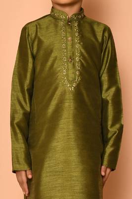 Green embroidered art silk boys-kurta-pyjama 4