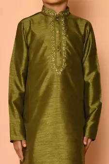 Green embroidered art silk boys-kurta-pyjama