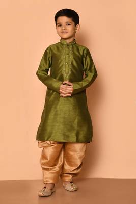Green embroidered art silk boys-dhoti-kurta 1