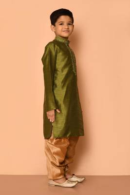 Green embroidered art silk boys-dhoti-kurta 2