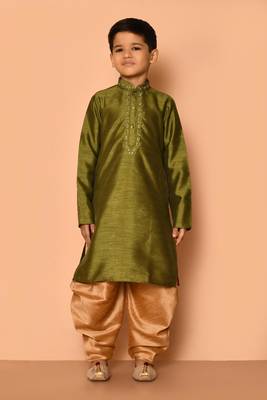 Green embroidered art silk boys-dhoti-kurta 3