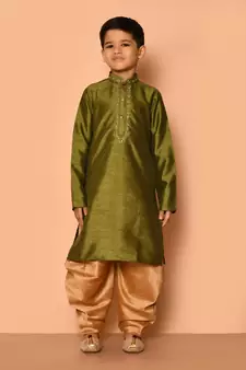 Green embroidered art silk boys-dhoti-kurta