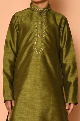 Green embroidered art silk boys-dhoti-kurta 4