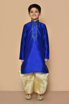 Blue embroidered art silk boys-dhoti-kurta