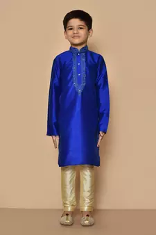 Blue embroidered art silk boys-kurta-pyjama