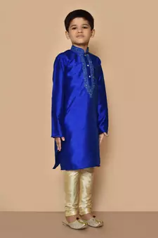 Blue embroidered art silk boys-kurta-pyjama
