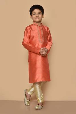 Orange embroidered art silk boys-kurta-pyjama 1