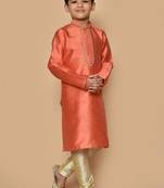 Orange embroidered art silk boys-kurta-pyjama