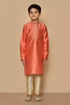 Orange embroidered art silk boys-kurta-pyjama