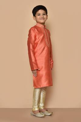 Orange embroidered art silk boys-kurta-pyjama 4