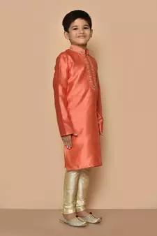 Orange embroidered art silk boys-kurta-pyjama