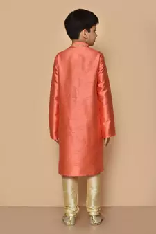 Orange embroidered art silk boys-kurta-pyjama