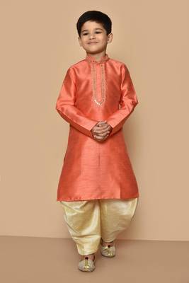 Orange embroidered art silk boys-dhoti-kurta 1