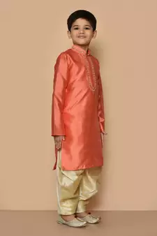 Orange embroidered art silk boys-dhoti-kurta