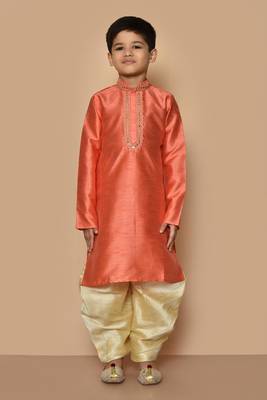 Orange embroidered art silk boys-dhoti-kurta 4