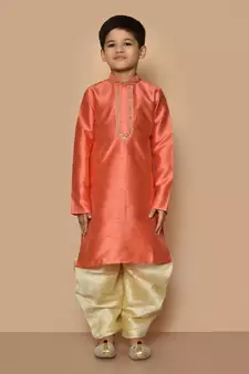 Orange embroidered art silk boys-dhoti-kurta