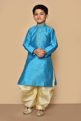 Blue embroidered art silk boys-dhoti-kurta 1